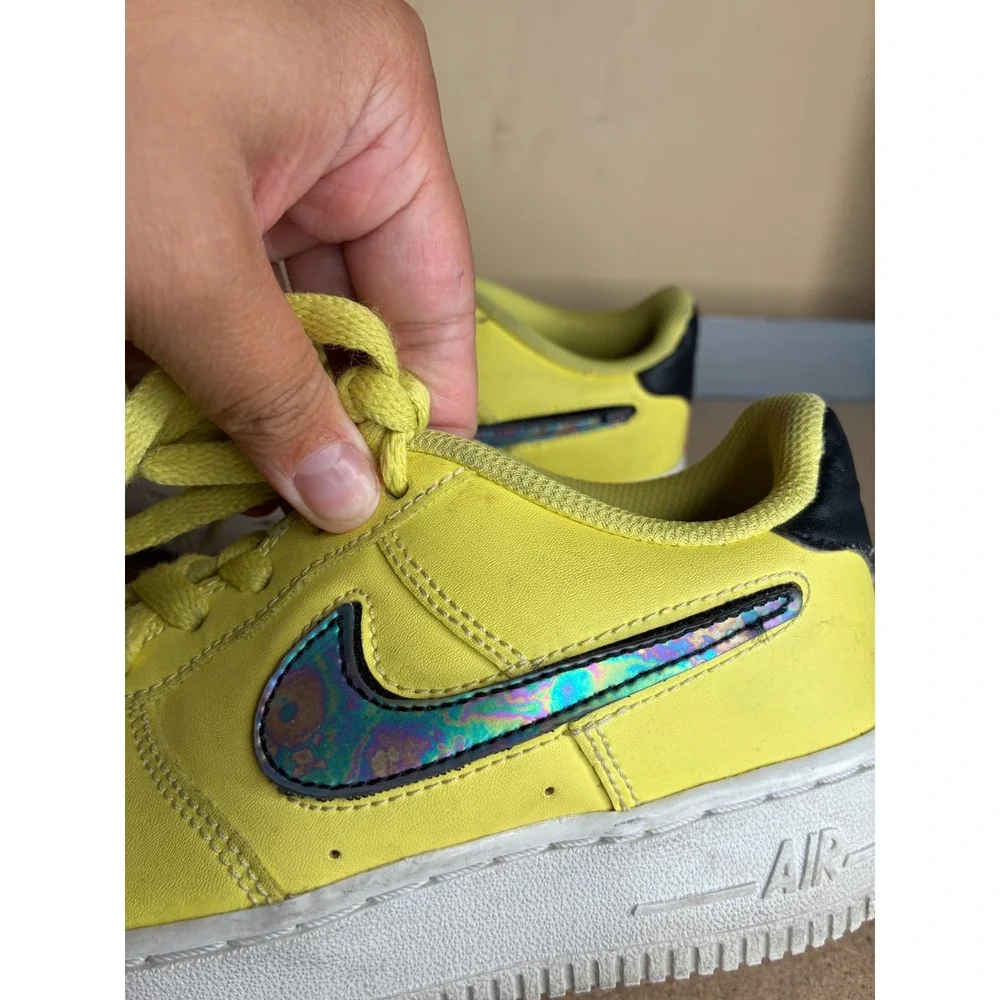 Nike Air Force 1 Low Yellow Iridescent Holographic Swoosh AR7446-700 Kids 3.5Y